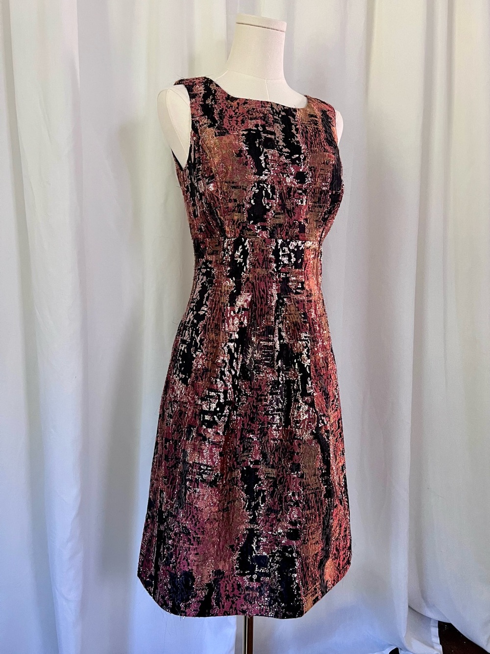 Lela Rose Metallic Textured Midi Dress in Rose Gold Bronze and Black